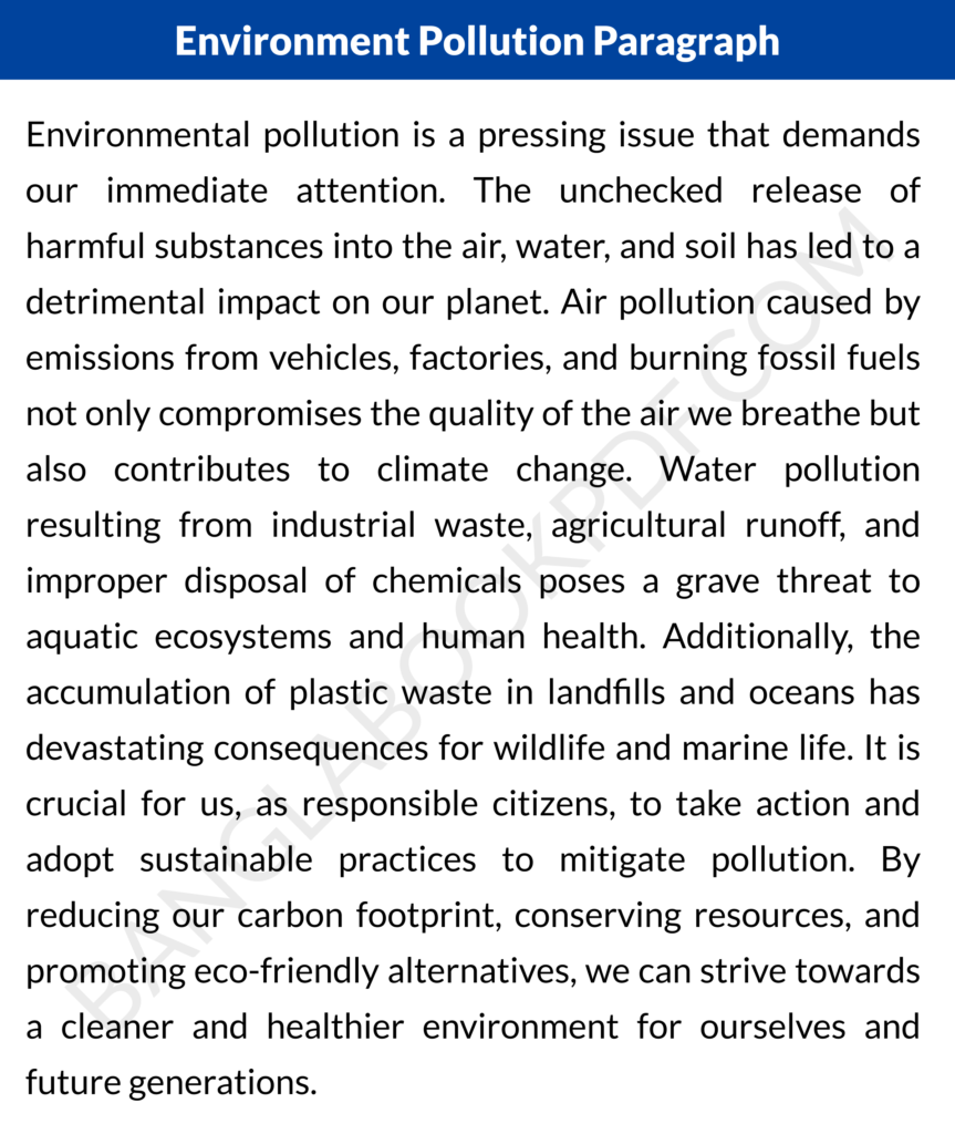 Environment Pollution Paragraph in 100 to 300 words for SSC and HSC